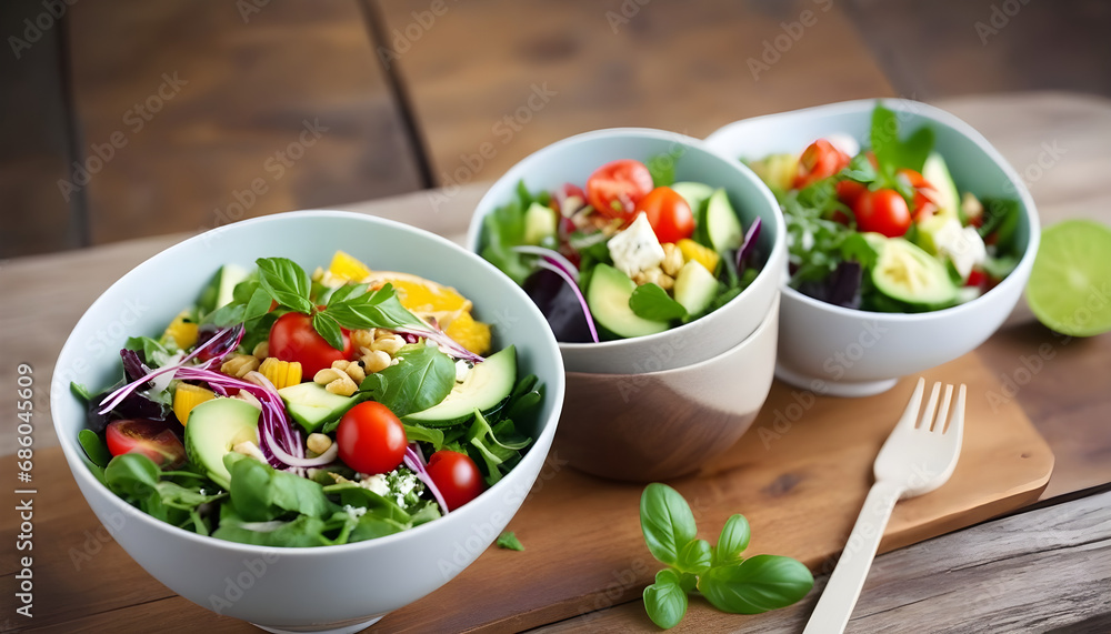 Close-up shot of a healthy bowls of salad on a wooden rustic table, bright colors, subtle background, ultra detailed, 8K, food photography, soft contrast.