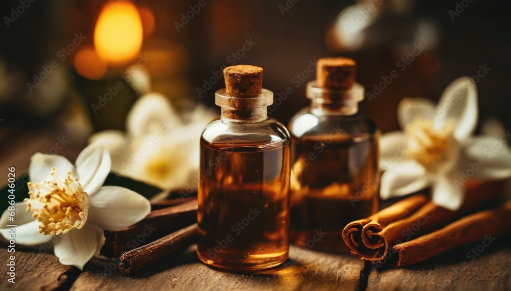 essential oils with jasmine, cinnamon and vanilla on rustic wooden table, retro style. Spa and wellness aromatherapy treatment essential oils with jasmine, cinnamon and vanilla on rustic wooden table, retro style. Spa and wellness aromatherapy treatment