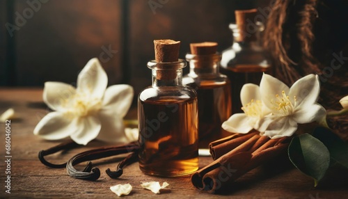 essential oils with jasmine, cinnamon and vanilla on rustic wooden table, retro style. Spa and wellness aromatherapy treatment  © Marko