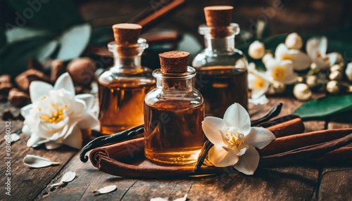 essential oils with jasmine, cinnamon and vanilla on rustic wooden table, retro style. Spa and wellness aromatherapy treatment  © Marko