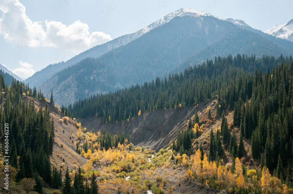 Picturesque wilderness of Kazakhstan in autumn with forests and mountain peaks, horizontal shot