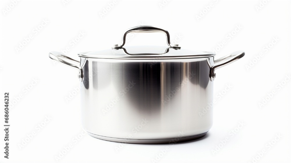 Over a white background, an open stainless steel cooking pot is seen. Over a white background, an open stainless steel cooking pot is seen.