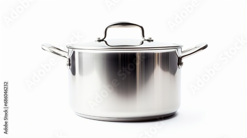 Over a white background, an open stainless steel cooking pot is seen.
