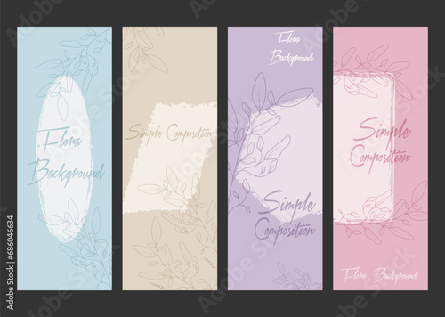 A collection of backgrounds with an abstract floral composition in the style of minimalism. Layout for covers, paintings, interior prints, posters and creative design
