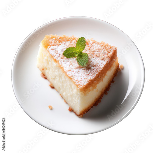 Top View of Angel Food Cake Slice on Plate Isolated on Transparent or White Background, PNG