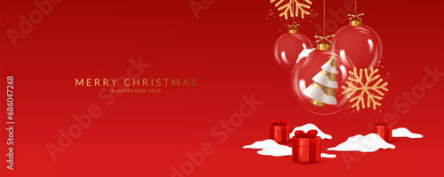 Christmas and New Year greeting card with transparent balls, tree, snowflakes, gifts and confetti.