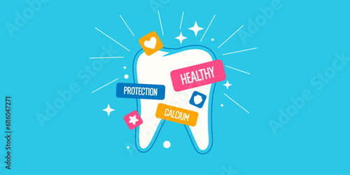 An original illustration with an illustration of a tooth. Modern graphics demonstrate health and protection for teeth.