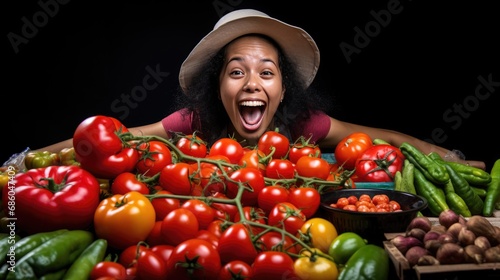 Woman surrounded by various vegetables background. Veganuary, Healthy organic food, harvest, Diet concept. Portrait of happy lady and variety fresh raw different vegetables. .