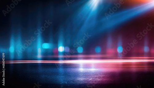 Light effect, blurred background. Wet asphalt, night view of the city, neon reflections on the concrete floort