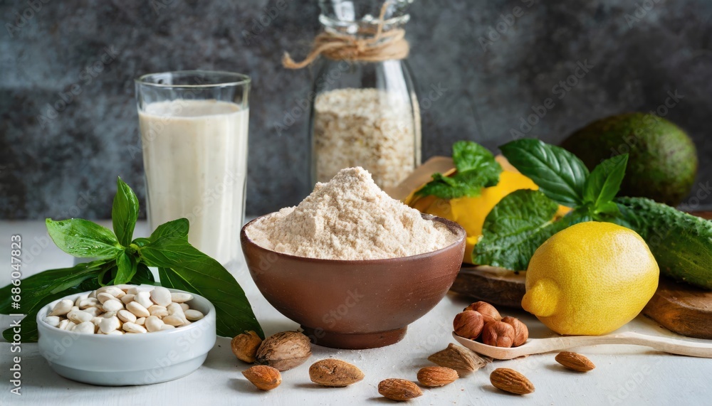 Natural Plant Based Protein powder with ingredients on table, Healthy food high of protein concept, Vegetarian dairy diet Natural Plant Based Protein powder with ingredients on table, Healthy food high of protein concept, Vegetarian dairy diet