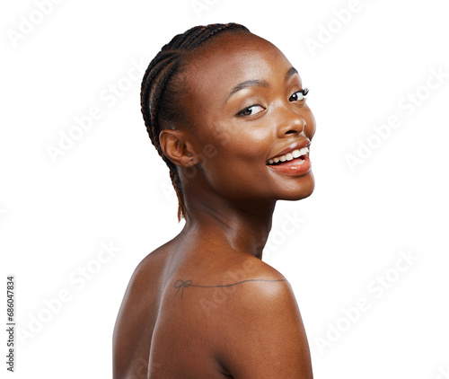 Black woman, beauty and portrait with back, skincare and isolated with glow by transparent png background. Girl, model or person for natural aesthetic, cosmetic or change for face with transformation