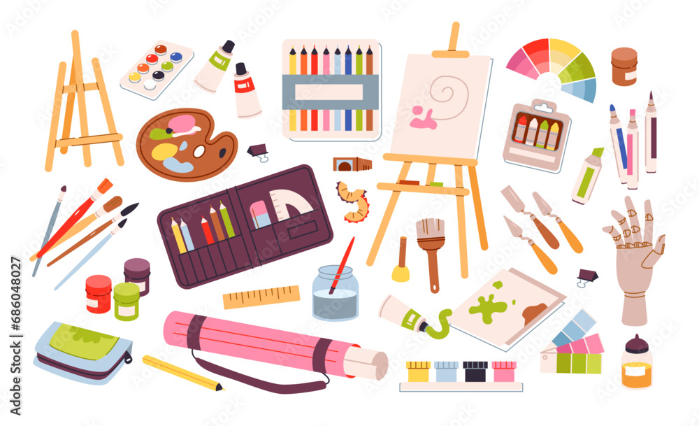 Art supplies for drawing set. Painting tools and art class studio supplies. Painters equipment, drawing stationery. Flat vector illustration
Art supplies for drawing set. Painting tools and art class studio supplies. Painters equipment, drawing stationery. Flat vector illustration