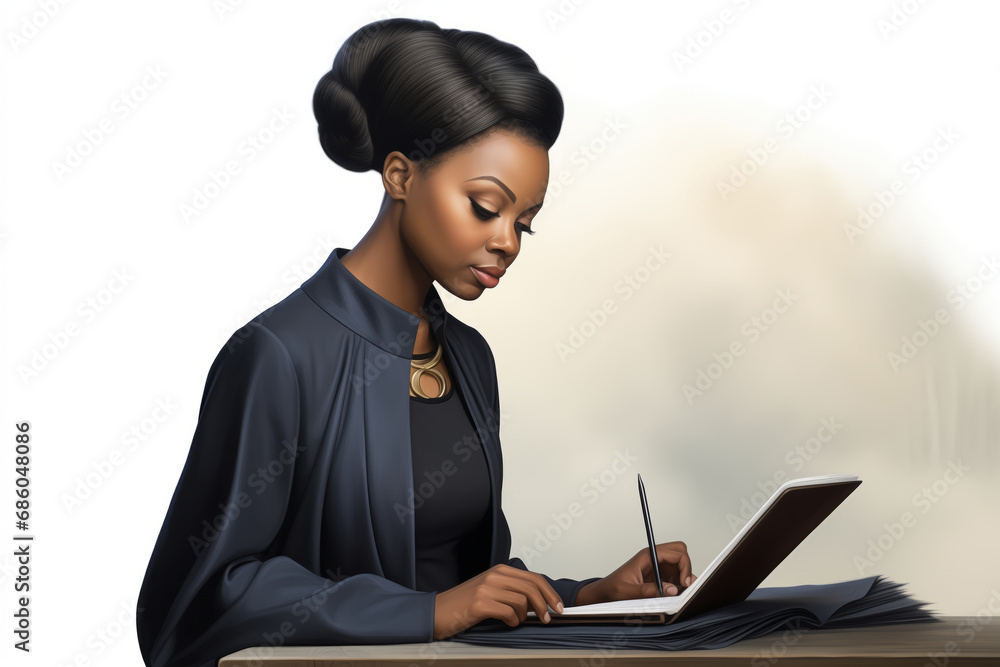 African-American woman working with the laptop at the desk in home office. Discreet business style, very modest and strict attire. Made with Generative AI - obrazy, fototapety, plakaty 