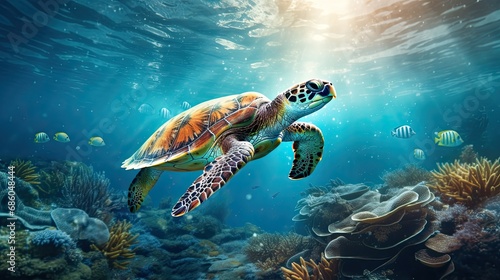 A lifelike snapshot of a sea turtle navigating through a polluted dirty plastic seascape © kittikunfoto