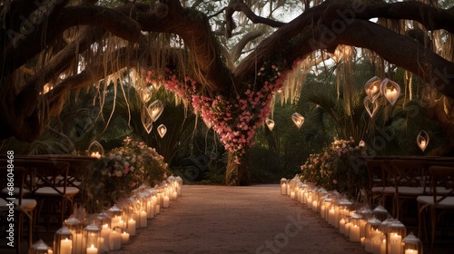 Tree branches intertwining to form a heart-shaped canopy  creating a natural and romantic setting for Valentine s Day.