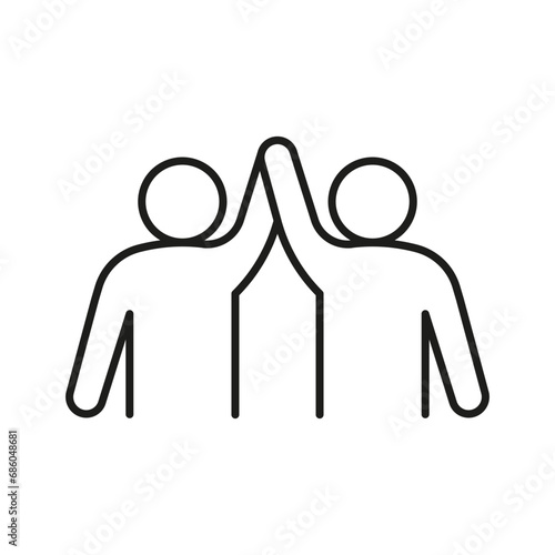 Friend greeting hand buddy, success, line icon. Two person give five. Happy respect on meeting. Vector