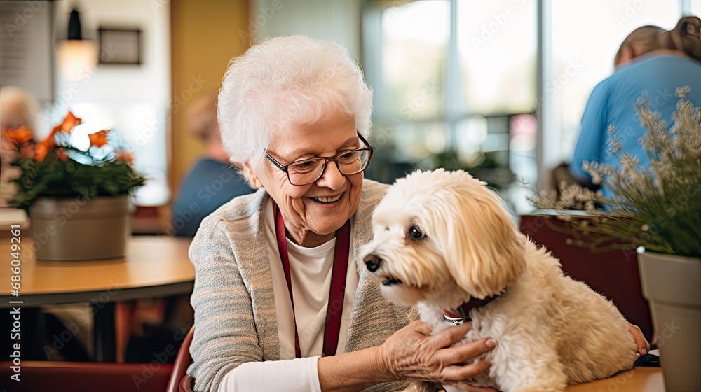 a older woman petting her dog during an animal assisted learning program a older woman petting her dog during an animal assisted learning program