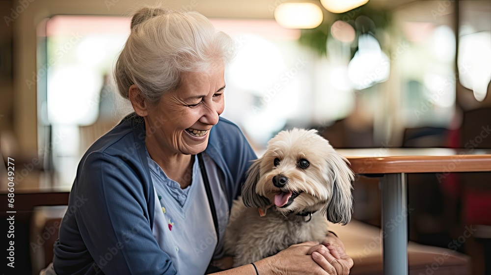 a older woman petting her dog during an animal assisted learning program a older woman petting her dog during an animal assisted learning program