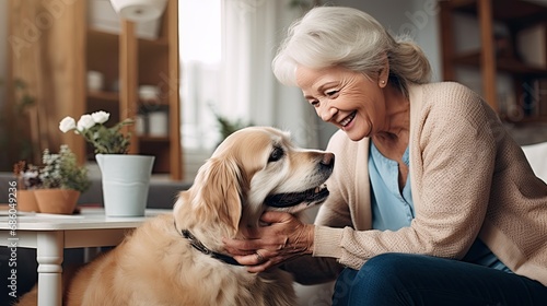 a older woman petting her dog during an animal assisted learning program photo