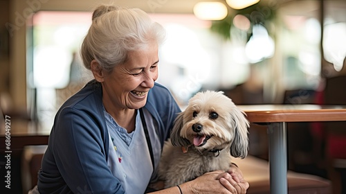 a older woman petting her dog during an animal assisted learning program