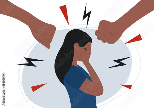 Abusive relationships. Stop the violence. Fists over black girl or woman. Flat vector illustration of hatred, violence, aggression.