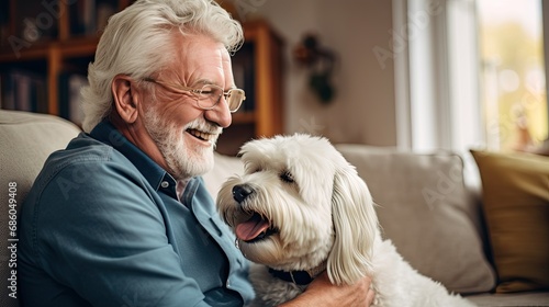 older man petting his dog for friend in house alone