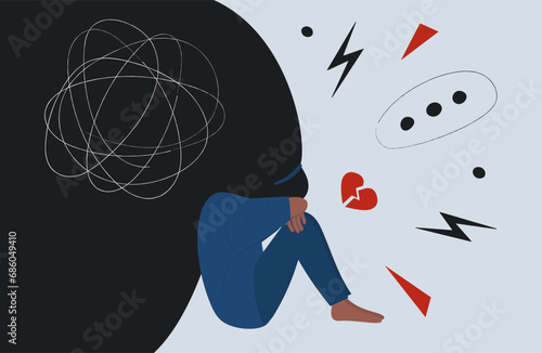 Character with a broken heart. Unrequited love. Depressed teen girl or woman with flowing hair. Vector illustration of mental health concept.