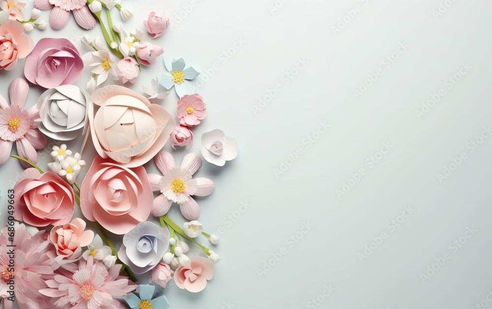 Happy Easter poster with bouquet of hand made paper flowers isolated on light blue background, copy space. Floral illustration, pastel colors. Spring design for posters, greeting cards. AI Generative. Happy Easter poster with bouquet of hand made paper flowers isolated on light blue background, copy space. Floral illustration, pastel colors. Spring design for posters, greeting cards. AI Generative.