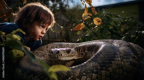 snake and autistic children in the garden