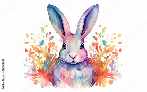Happy Easter poster. Big colorful rabbit isolated on white background. Watercolor style illustration, splashes, pastel colors. Spring design for posters, greeting cards, invitations. AI Generative.