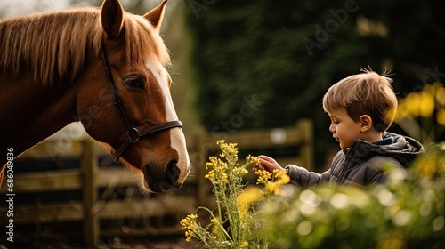 horse and kid play together in the garden