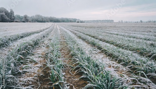 The leaves of wheat are covered with hoarfrost. Morning frosts on the wheat field. Winter wheat icing