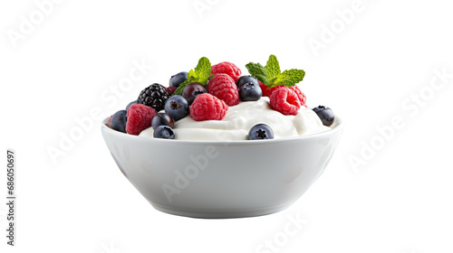Bowl of greek yogurt and fresh berries. Isolated on Transparent background. photo