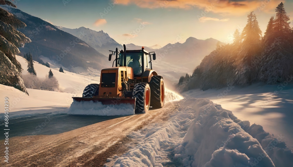 Tractor cleaning snow in field Tractor cleaning snow in field