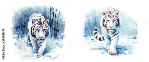 Watercolor portrait of tiger. Winter snow and forest landscape. AI generated photo