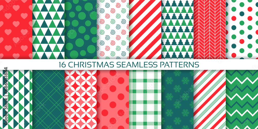 Christmas seamless pattern. Xmas background. Holiday New year prints with polka dot, tree, check, stars and triangles. Set of noel textures. Red green wrapping papers. Vector illustration Christmas seamless pattern. Xmas background. Holiday New year prints with polka dot, tree, check, stars and triangles. Set of noel textures. Red green wrapping papers. Vector illustration