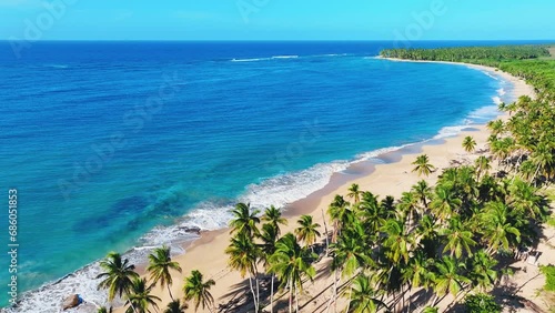 Aerial view of the Mexican Palm Beach on a sunny summer day. Beautiful tropical Caribbean coastline in Tulum in Quintana Roo, Riviera Maya, Cancun. Nature landscape of a sea island.