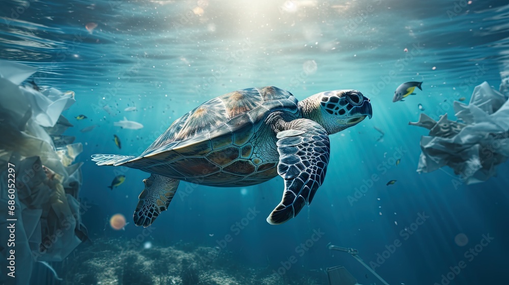 Obraz premium A lifelike snapshot of a sea turtle navigating through a polluted dirty plastic seascape