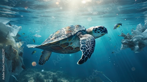 A lifelike snapshot of a sea turtle navigating through a polluted dirty plastic seascape © kittikunfoto