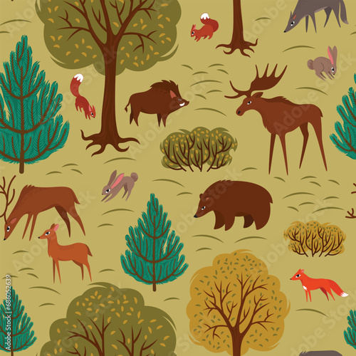 seamless pattern animals in the autumn forest