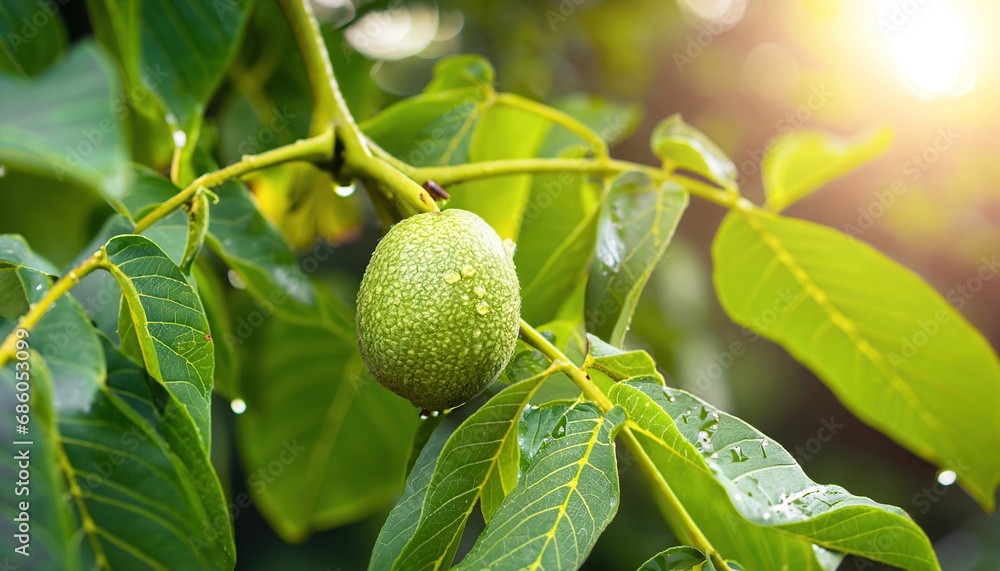 Green walnut on a branch with fresh leaves Green walnut on a branch with fresh leaves