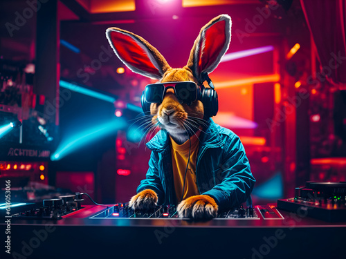 A rabbit character, working a DJ booth photo