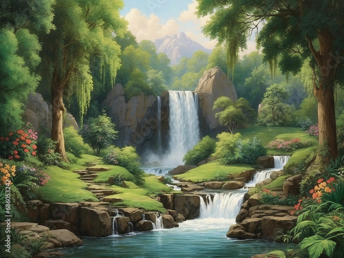 The beautiful scenery of trees with waterfall
