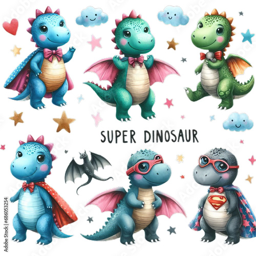 Cute super dinosaur with watercolor illustration © foody