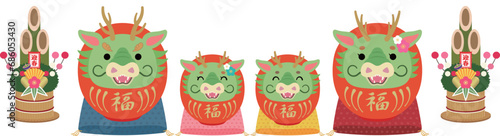 座布団に乗った赤い辰だるまのファミリー