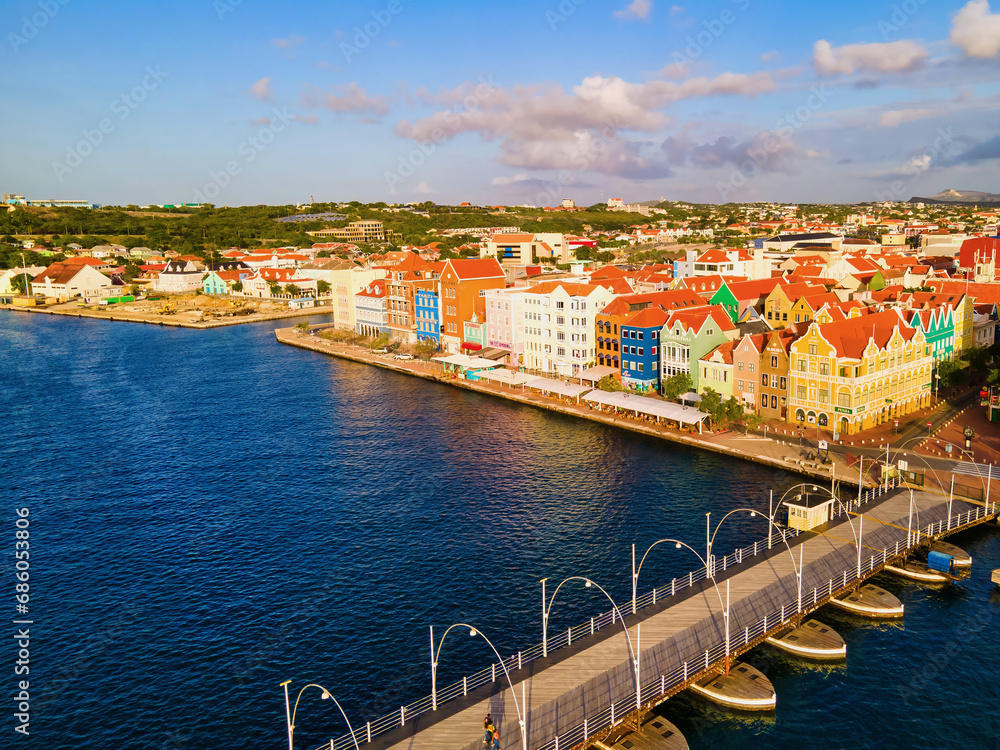 Willemstad, Curacao 12 March 2021. Dutch Antilles. Colorful Buildings attract tourists from all over the world. Blue sky sunny day 