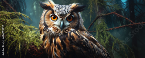 Owl eyes detial. Predator bird look close up. photo