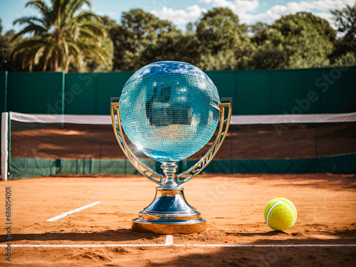 a crystal tennis trophy, standing on a clay court © Meeza