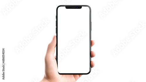 Man's Hand holding smartphone, Mockup phone hand. phone screen for Infographic Global Business web site design. Isolated on Transparent background.