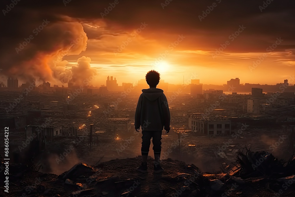 Young adult  standing in cityscape skyscrapers sunset nature 